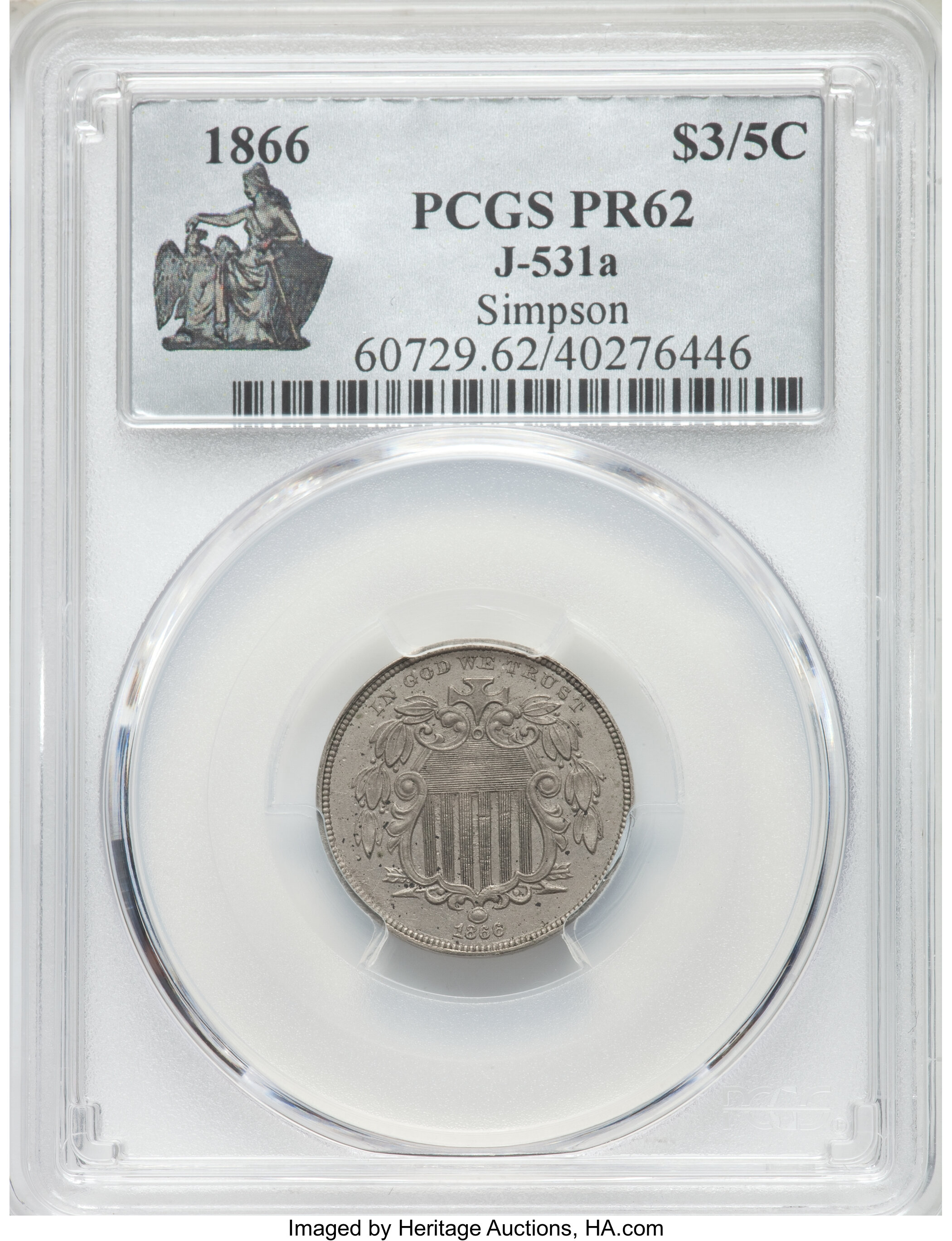 image for: 1866 5C Five Cents/Three Dollars, Judd-531A, Pollock-596, Unique, PR62 PCGS....