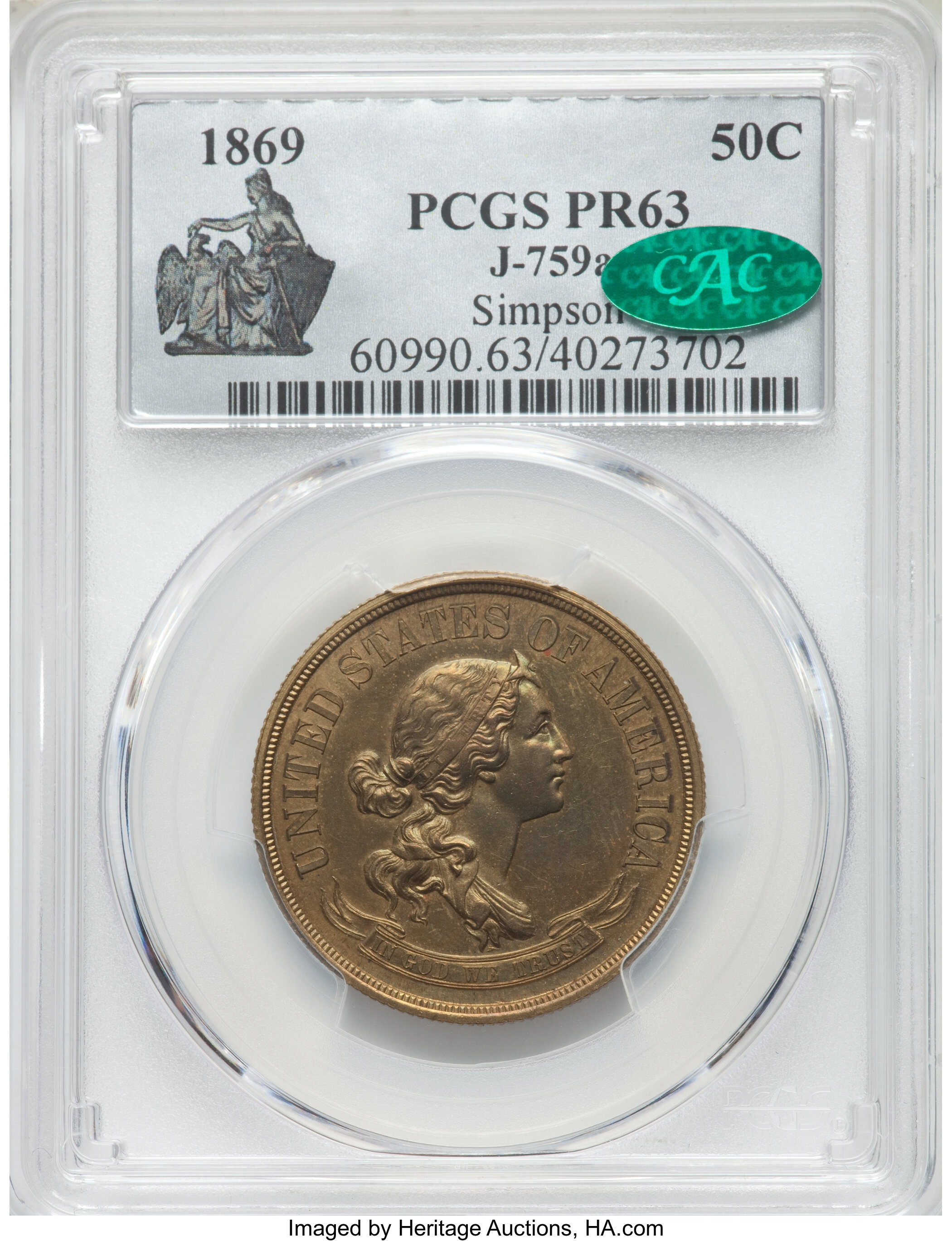 image for: 1869 50C Standard Silver Half Dollar, Judd-759A, Pollock-844, Unique, PR63 PCGS. CAC....