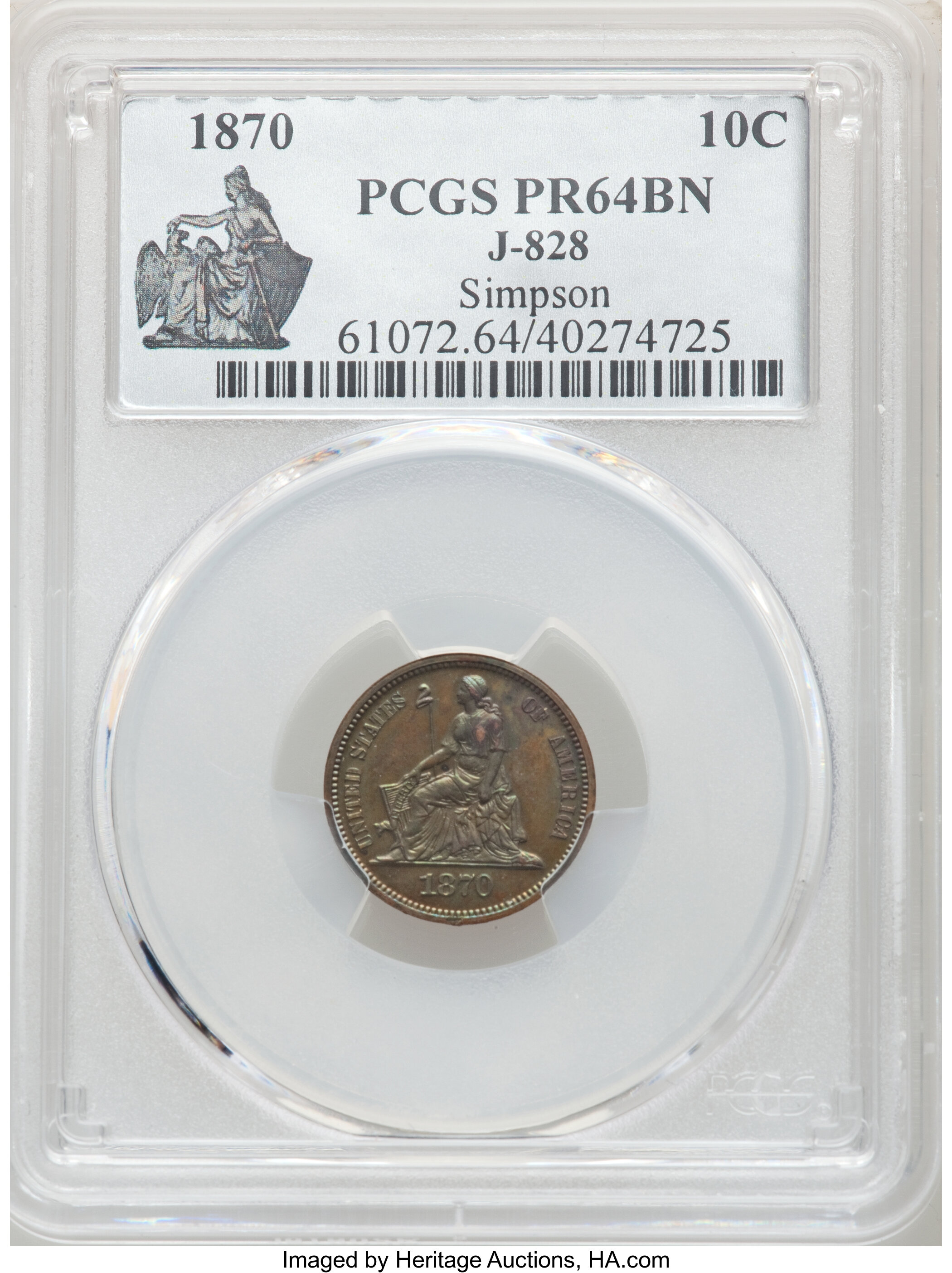 image for: 1870 10C Standard Silver Dime, Judd-828, Pollock-918, High R.6, PR64 Brown PCGS....