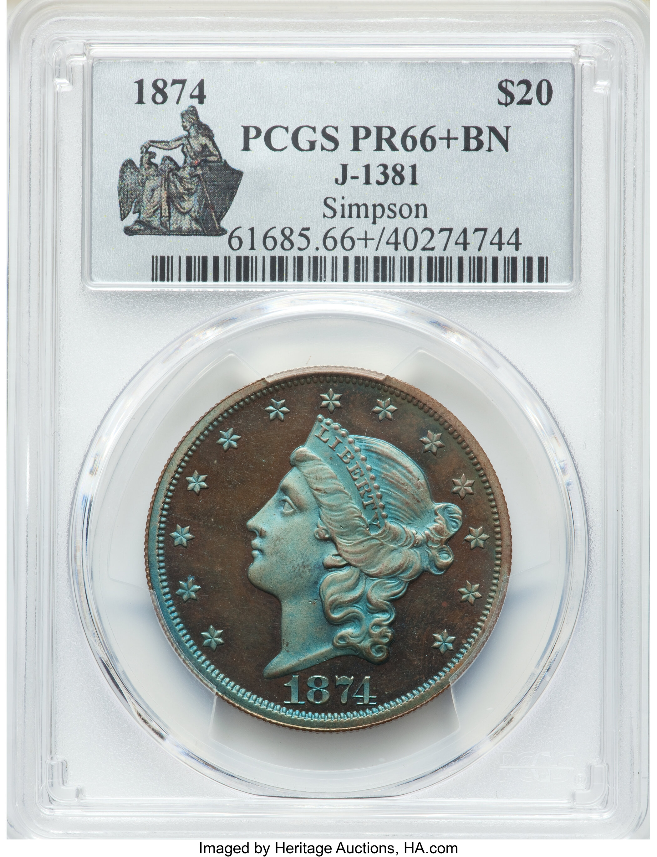 image for: 1874 $20 Double Eagle, Judd-1381, Pollock-1526, R.8, PR66+ Brown PCGS....