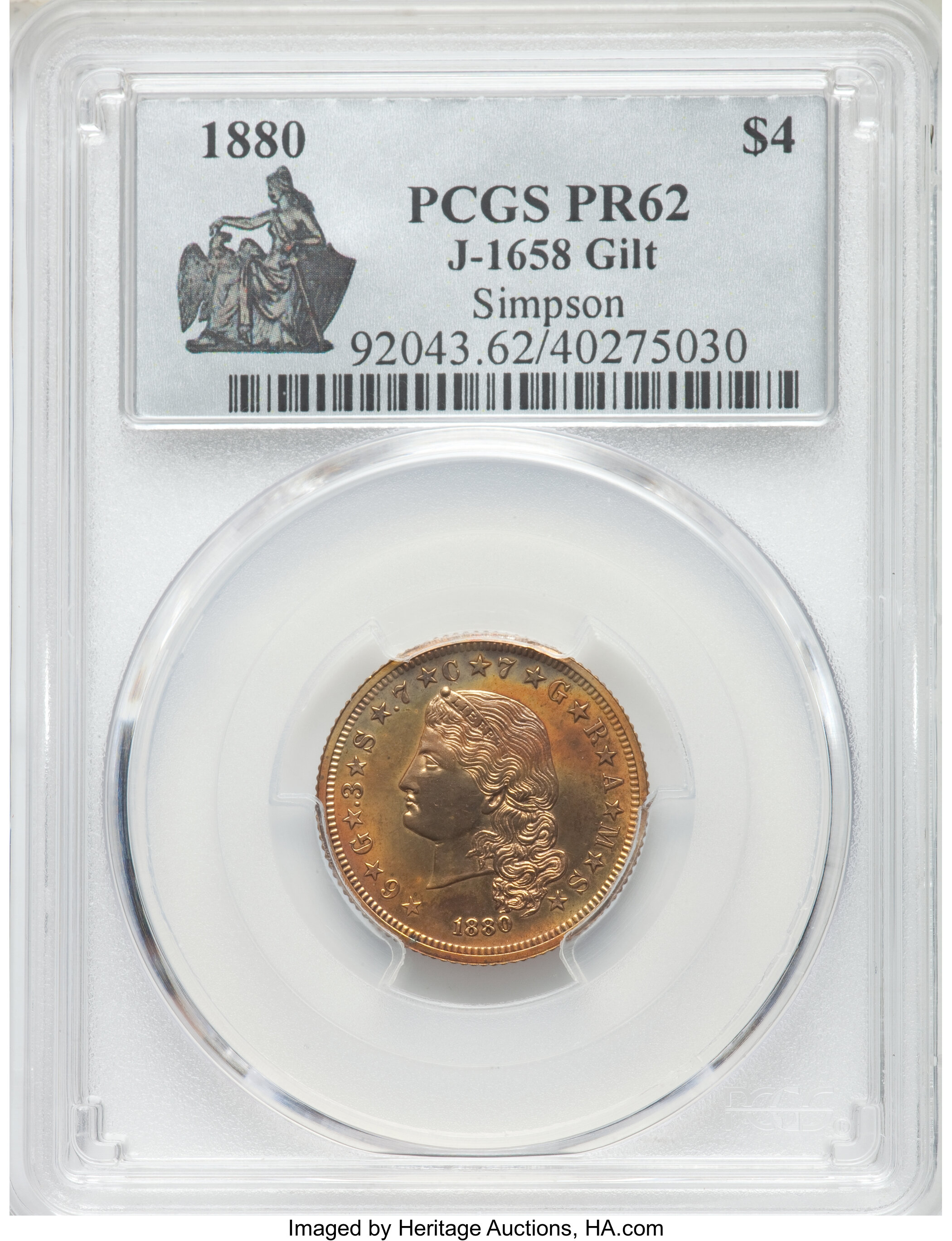 image for: 1880 $4 Flowing Hair Stella, Judd-1658, Pollock-1858, High R.6, Gilt, PR62 PCGS....