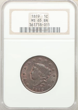 image for: 1819 1C Small Date, N-8, R.1, MS65 Brown NGC....