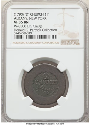 image for: (1790) Albany Church Penny, D Above CHURCH, VF35 NGC. Breen-1170, W-8500, R.7....