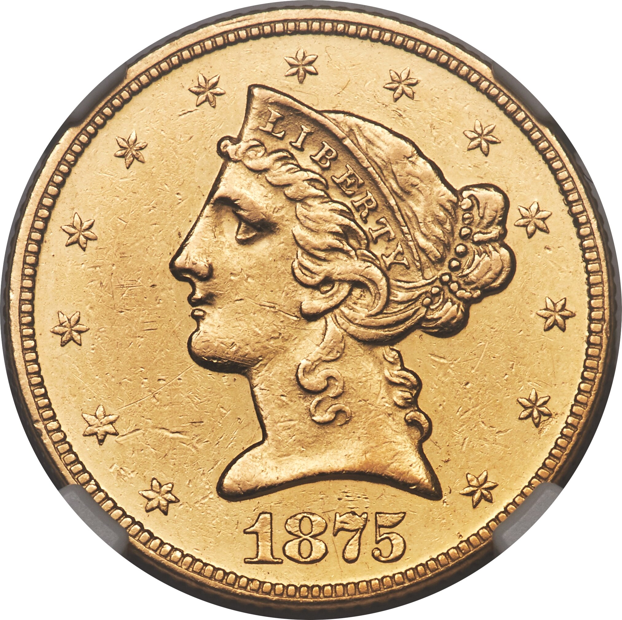 image for: 1875 $5 AU50 NGC....
