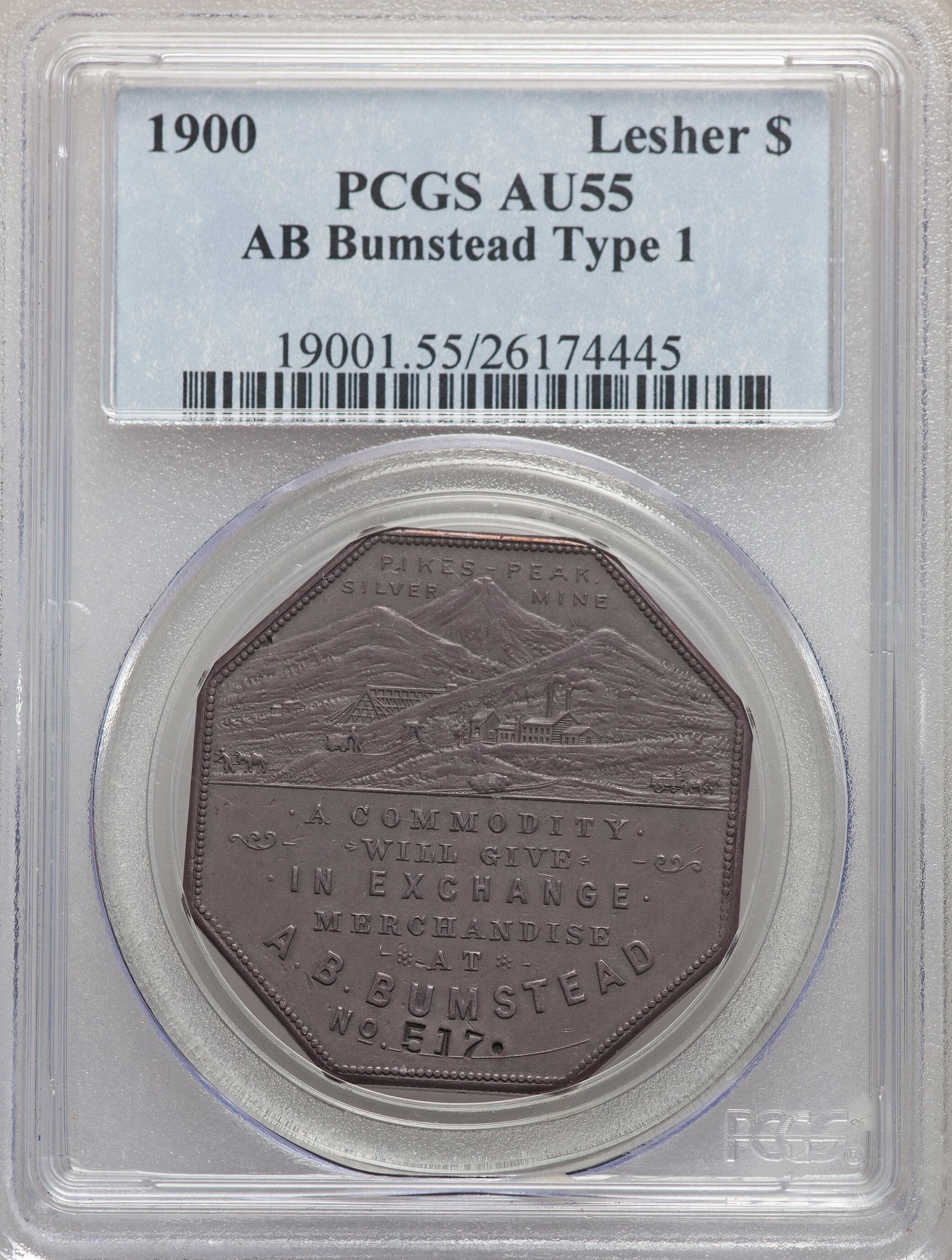 image for: 1900 $1 Lesher Dollar, A.B. Bumstead, Type One, Serial #517, Silver, Z-2, HK-788, R.5, AU55 PCGS....