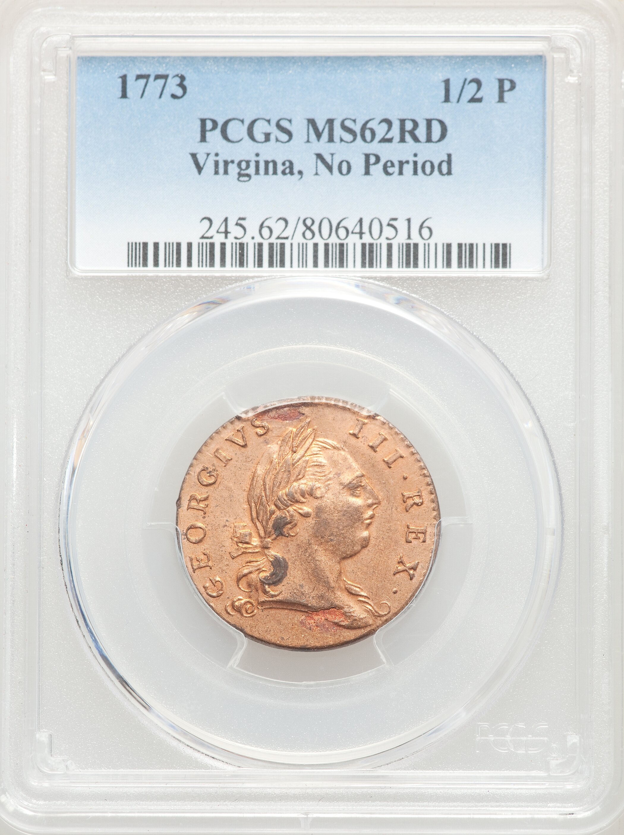 image for: 1773 1/2 P Virginia Halfpenny, No Period MS62 Red PCGS. PCGS Population: (2/5). NGC Census: (0/0).  ...
