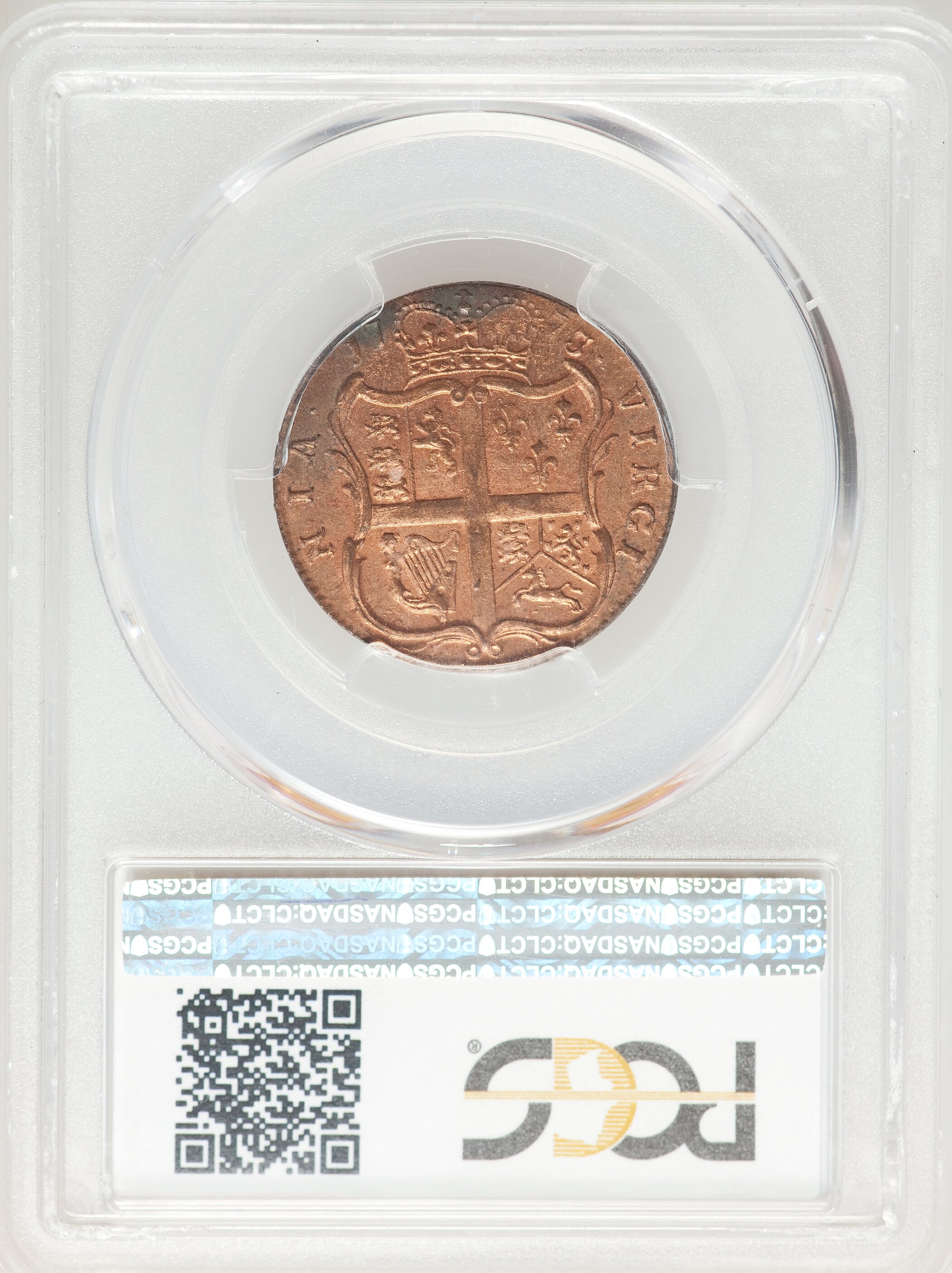 image for: 1773 1/2 P Virginia Halfpenny, No Period MS62 Red PCGS. PCGS Population: (2/5). NGC Census: (0/0).  ...