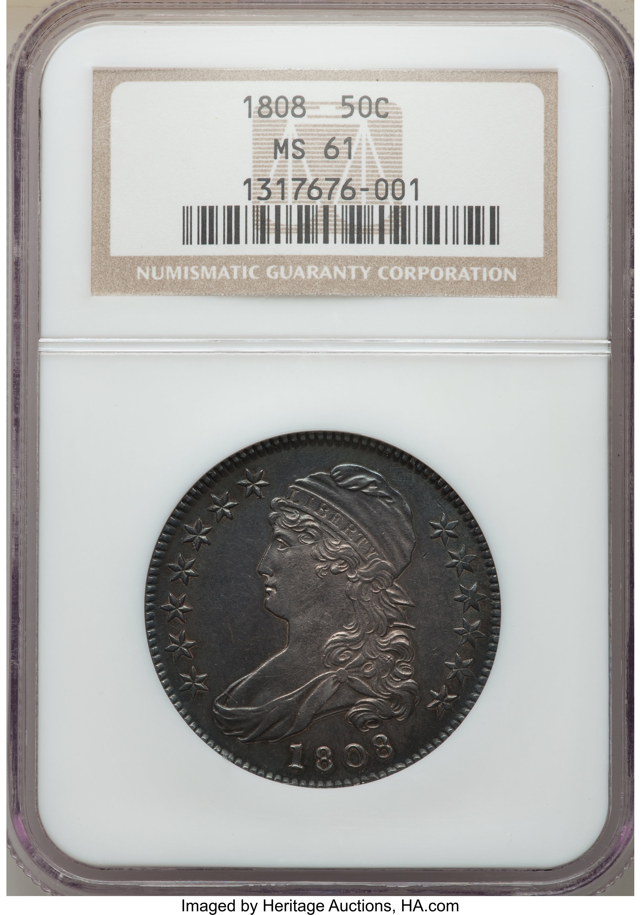 1808 50C MS61 NGC. NGC Census: (13/46). PCGS Population: (2/55). CDN: $3,200 Whsle. Bid for NGC/PCGS MS61. Mintage 1,368,60...