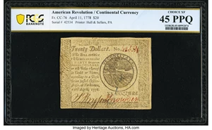 image for: Continental Currency April 11, 1778 $20 PCGS Banknote Choice Extremely Fine 45 PPQ....