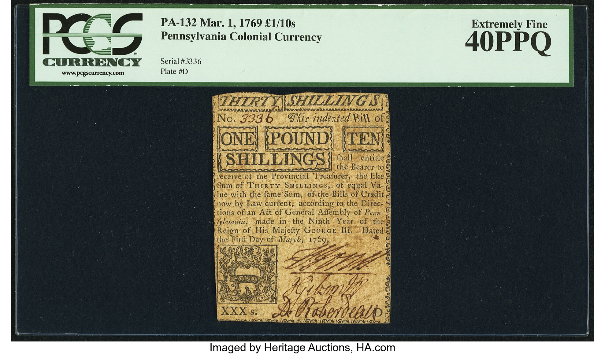 image for: Pennsylvania March 1, 1769 £1 10s PCGS Extremely Fine 40PPQ....