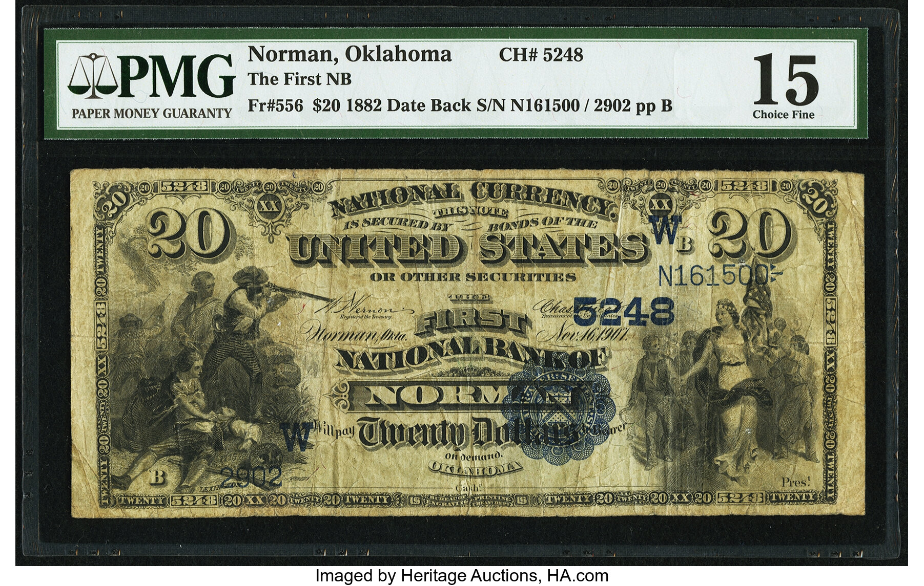 image for: Norman, OK - $20 1882 Date Back Fr. 556 The First National Bank Ch. # (W)5248 PMG Choice Fine 15....