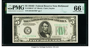 image for: Fr. 1960-E* $5 1934D Federal Reserve Note. PMG Gem Uncirculated 66 EPQ....