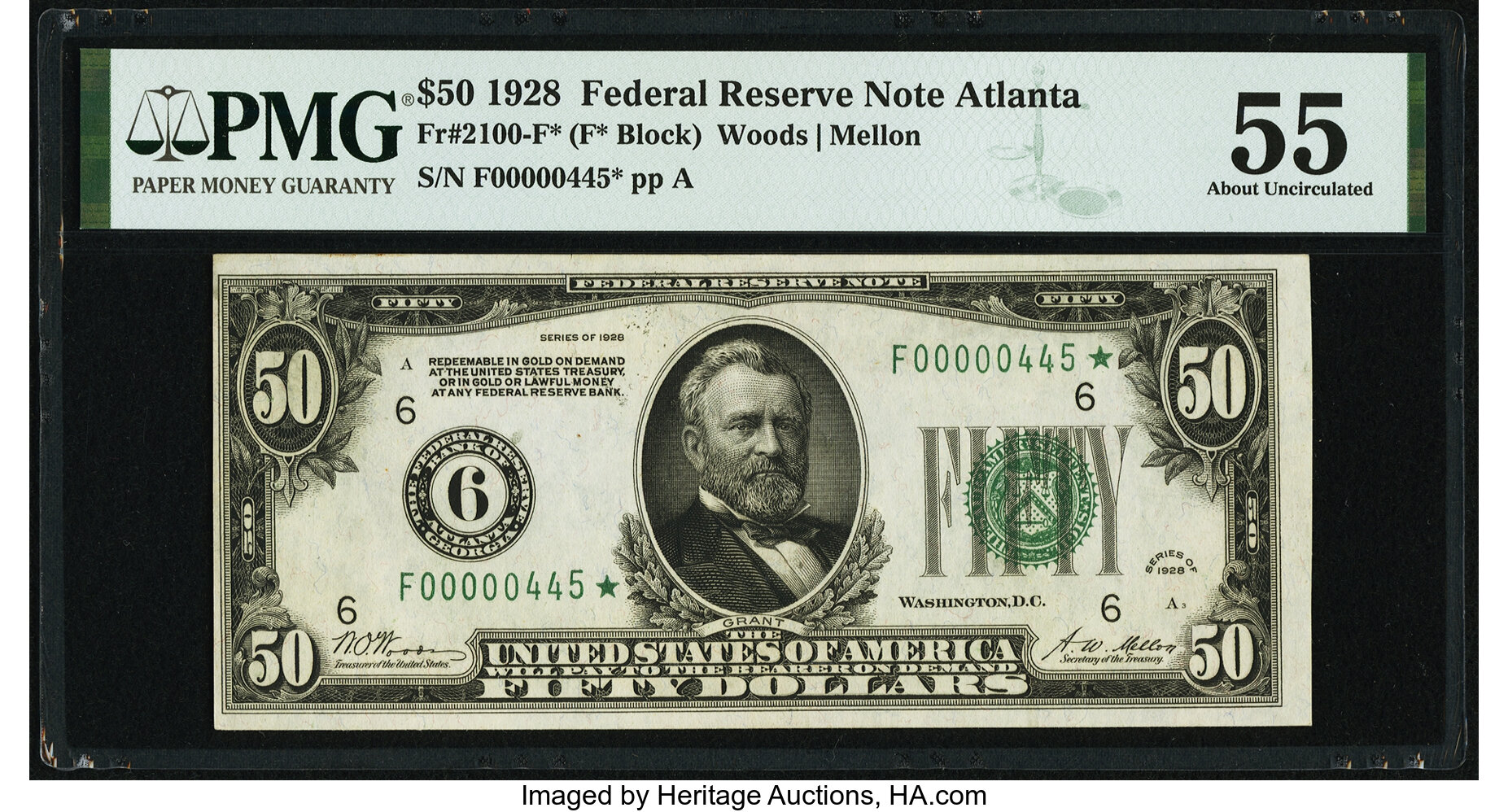 image for: Low Serial Number 445 Fr. 2100-F* $50 1928 Federal Reserve Note. PMG About Uncirculated 55....