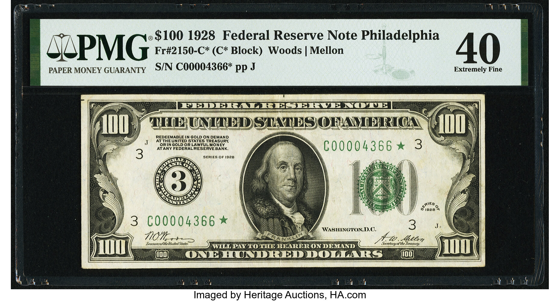 image for: Fr. 2150-C* $100 1928 Federal Reserve Note. PMG Extremely Fine 40....