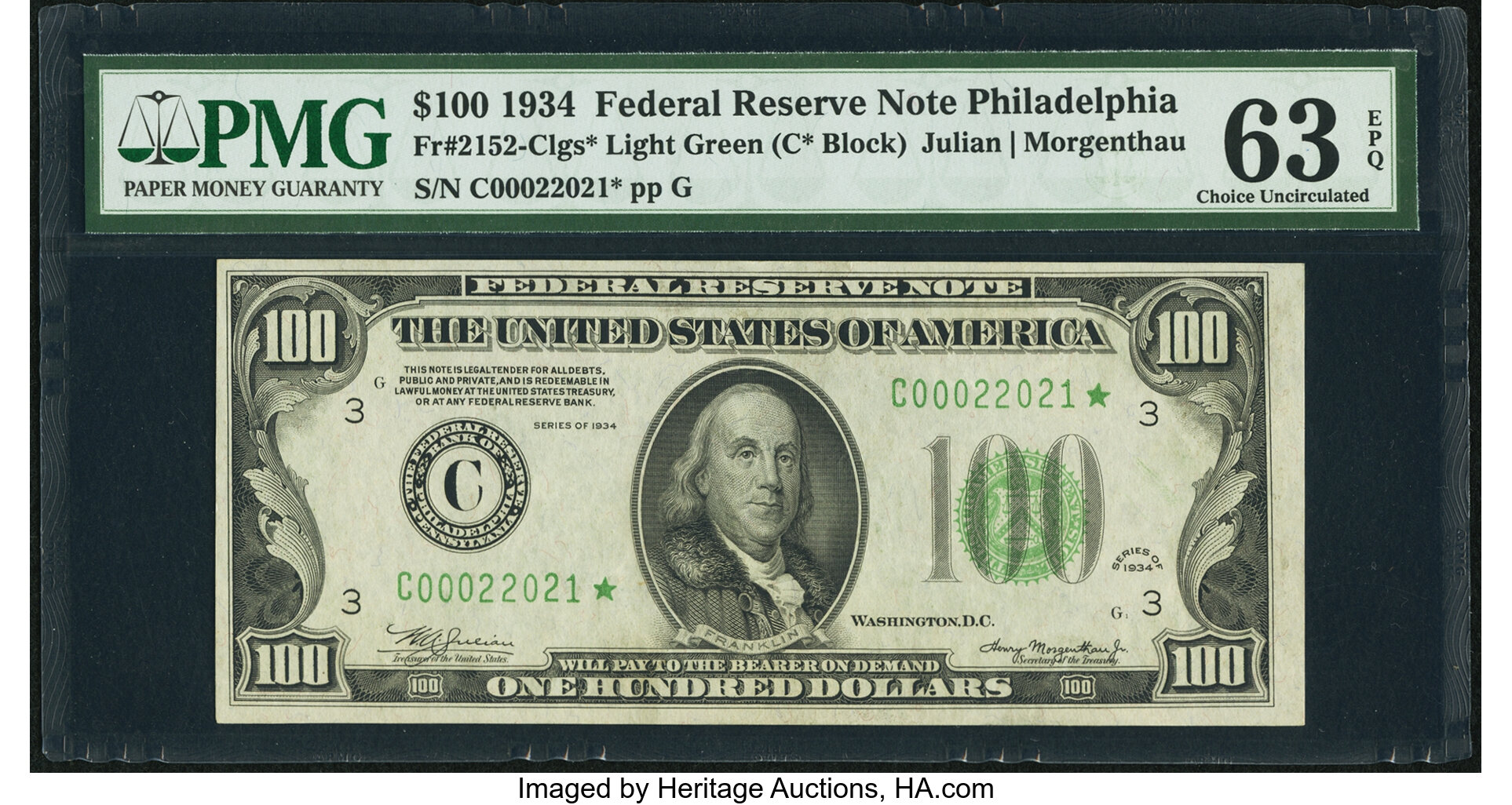 image for: Fr. 2152-C* $100 1934 Light Green Seal Federal Reserve Note. PMG Choice Uncirculated 63 EPQ....