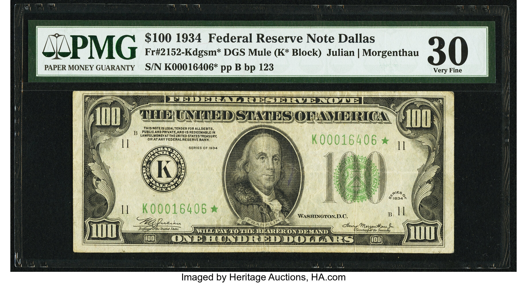 image for: Fr. 2152-K* $100 1934 Mule Federal Reserve Note. PMG Very Fine 30....