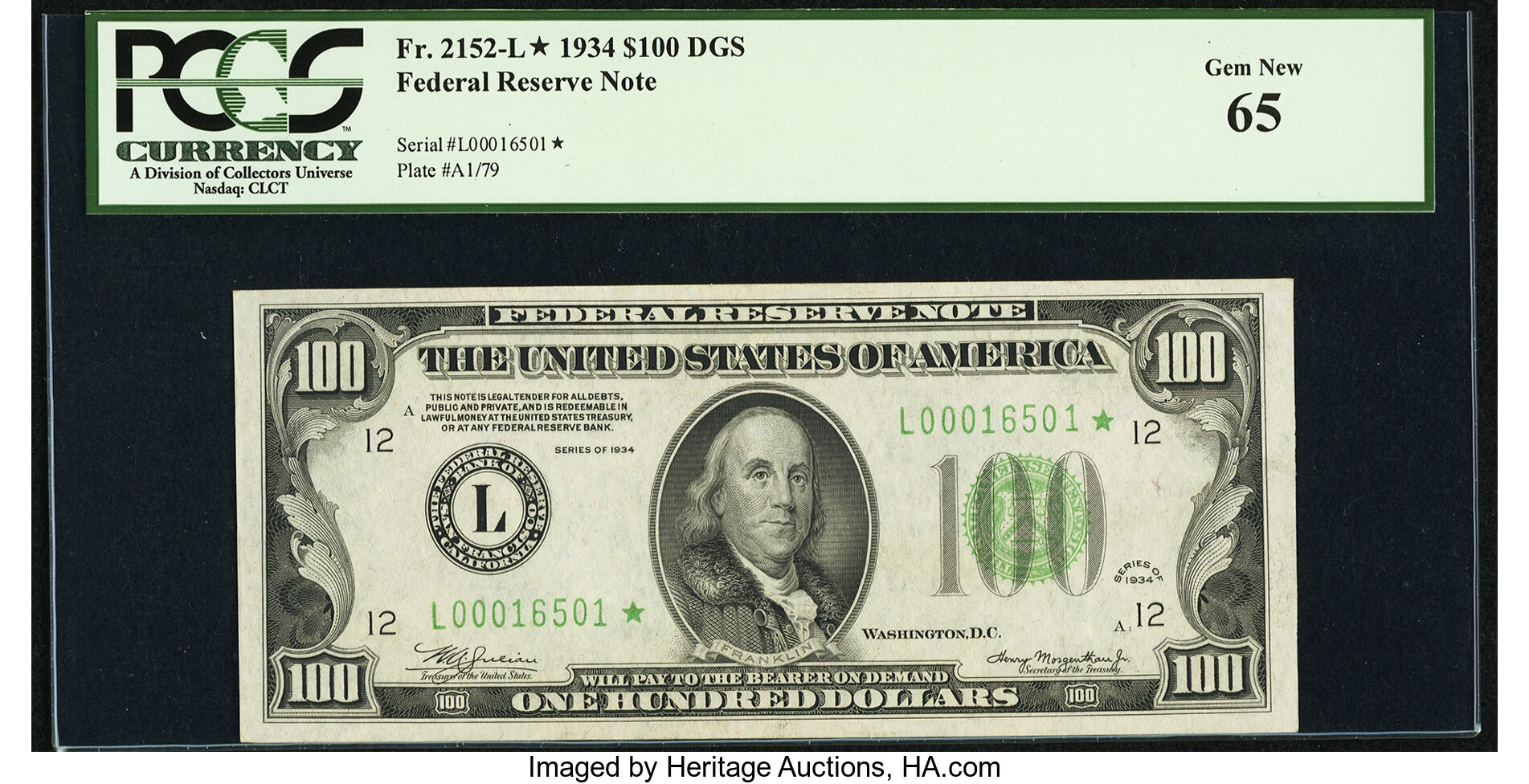 image for: Fr. 2152-L* $100 1934 Federal Reserve Note. PCGS Gem New 65....