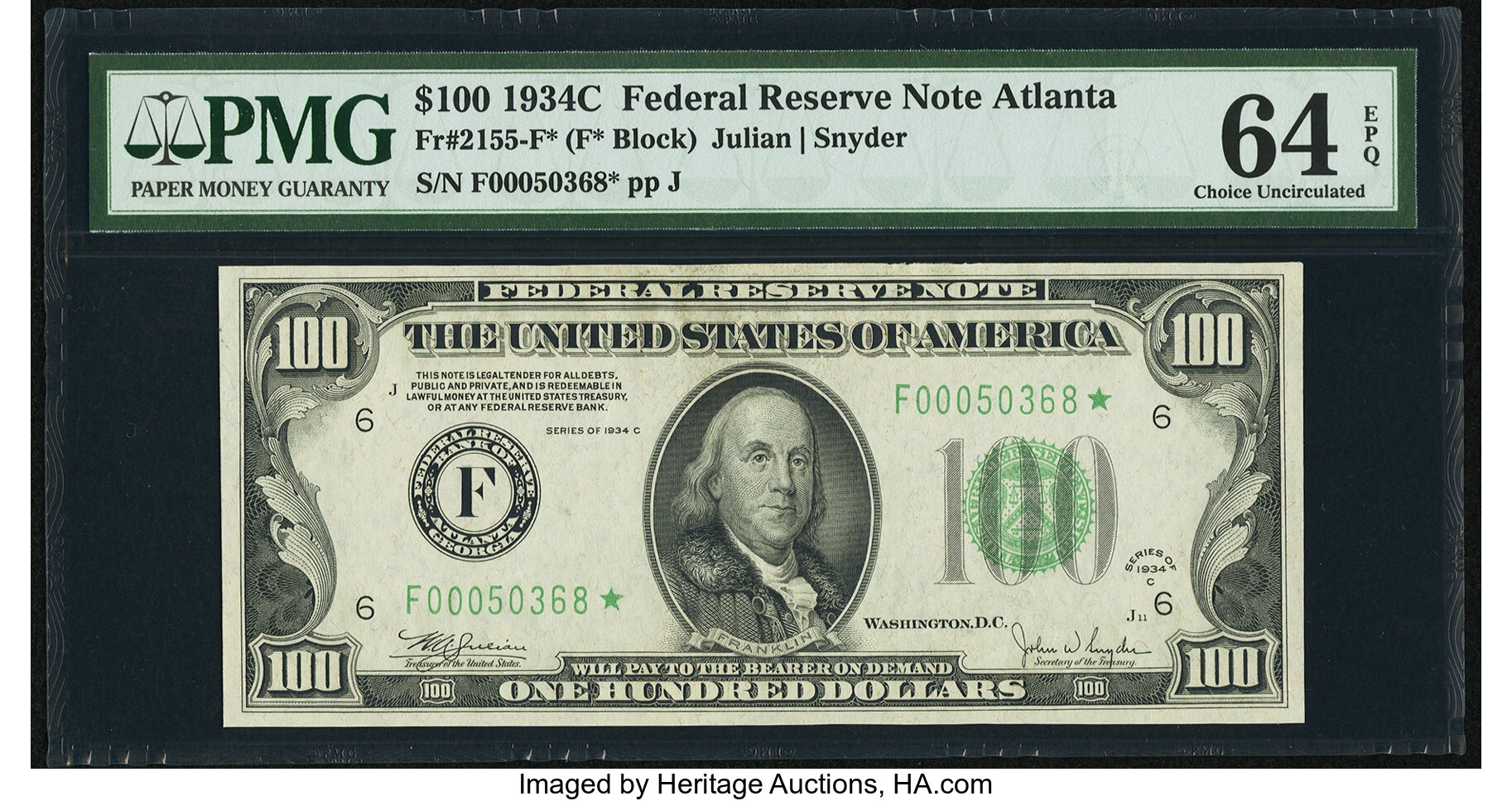 image for: Fr. 2155-F* $100 1934C Federal Reserve Note. PMG Choice Uncirculated 64 EPQ....