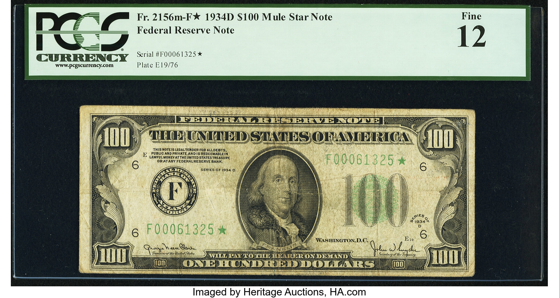 image for: Fr. 2156-F* $100 1934D Mule Federal Reserve Note. PCGS Fine 12....