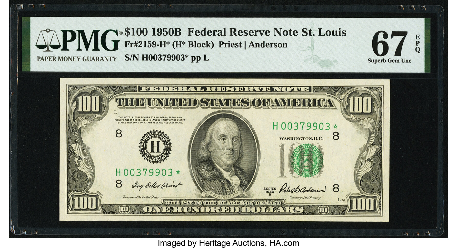 image for: Fr. 2159-H* $100 1950B Federal Reserve Note. PMG Superb Gem Unc 67 EPQ....