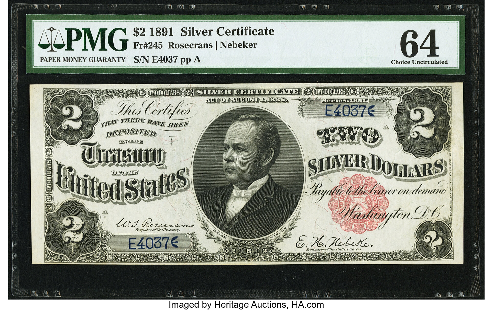 Fr. 245 $2 1891 Silver Certificate PMG Choice Uncirculated 64. ...