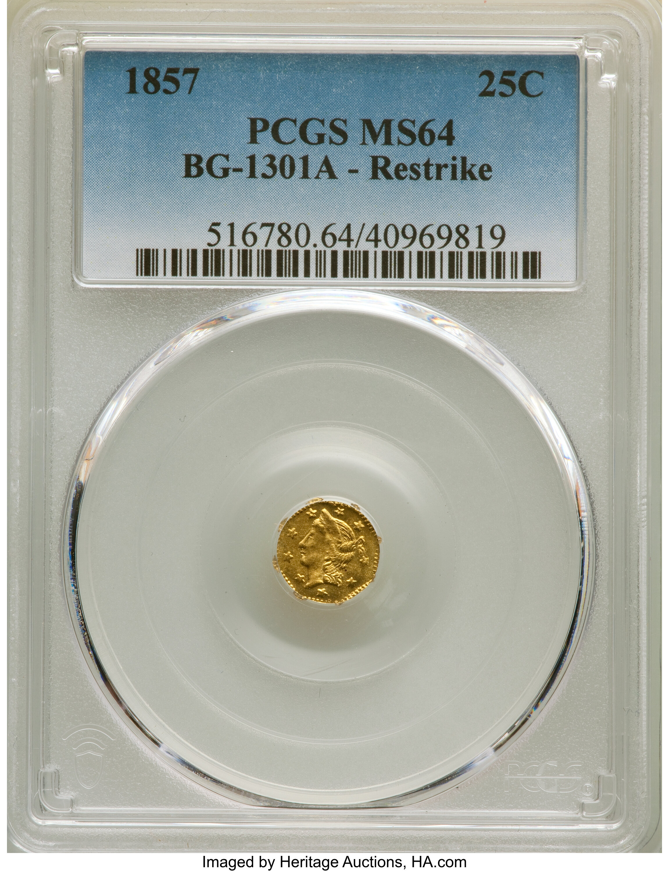 image for: 1857 25C BG-1301A - Restrike MS64 PCGS. PCGS Population: (14/13). NGC Census: (0/0).  ...