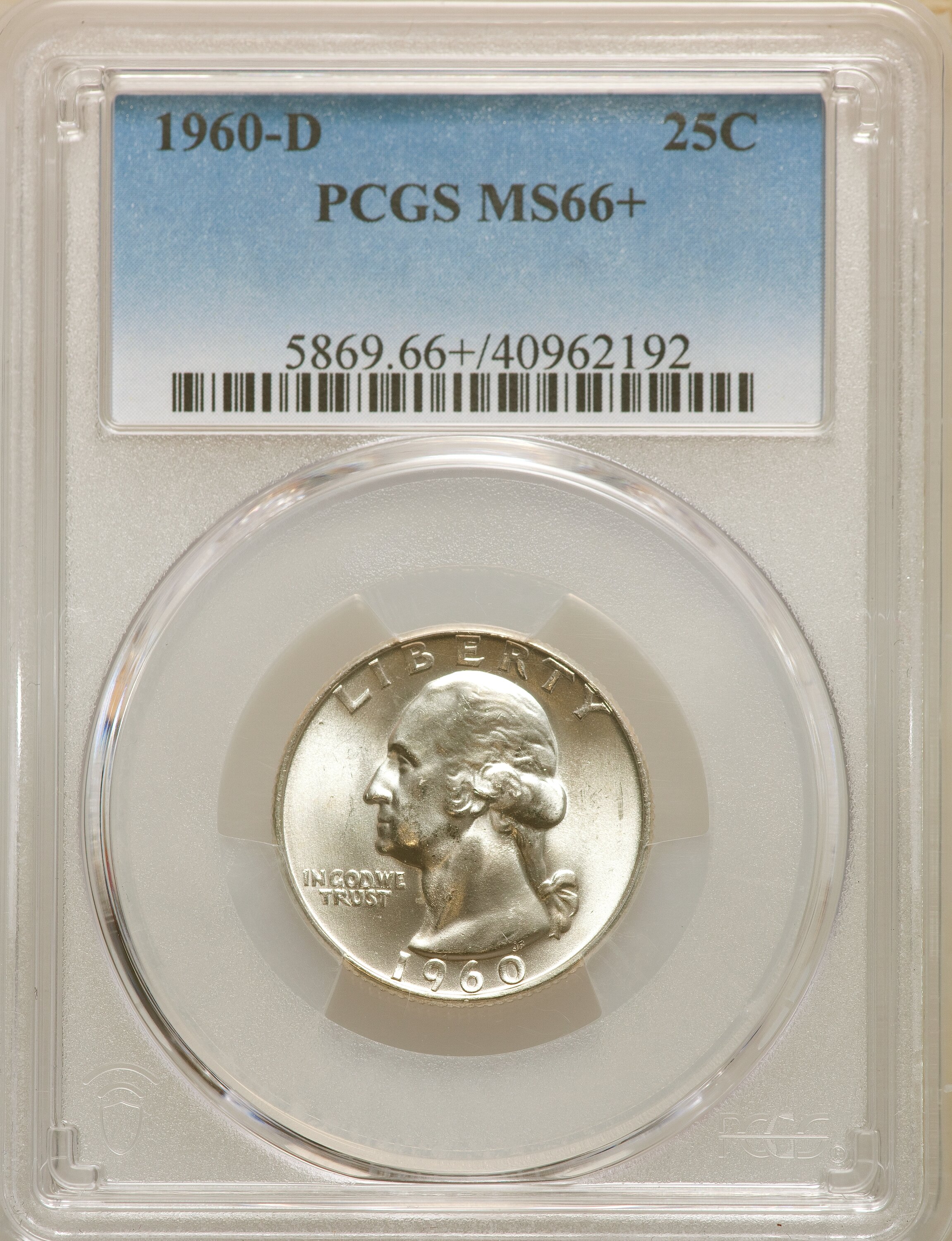 1960-D 25C MS66+ PCGS. PCGS Population: (577/24). NGC Census: (403/24). CDN: $38 Whsle. Bid for NGC/PCGS MS66. Mintage 63,0...