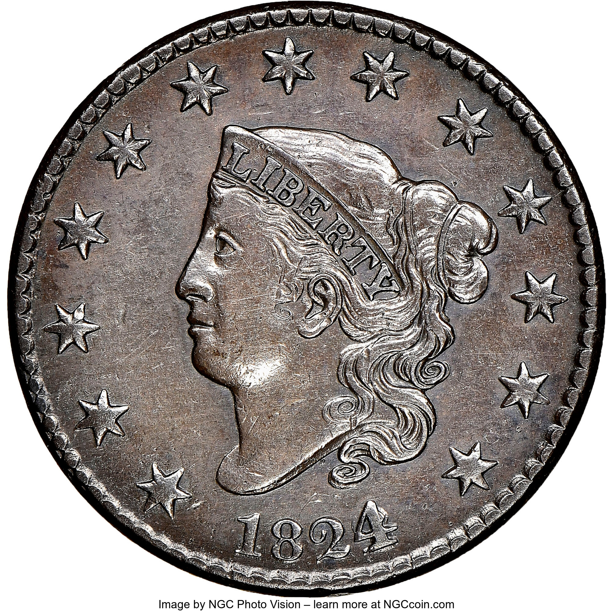 image for: 1824/2 1C N-1, R.1, XF45 NGC. NGC Census: (4/8). PCGS Population: (0/11). XF45. Mintage 1,262,000. ...