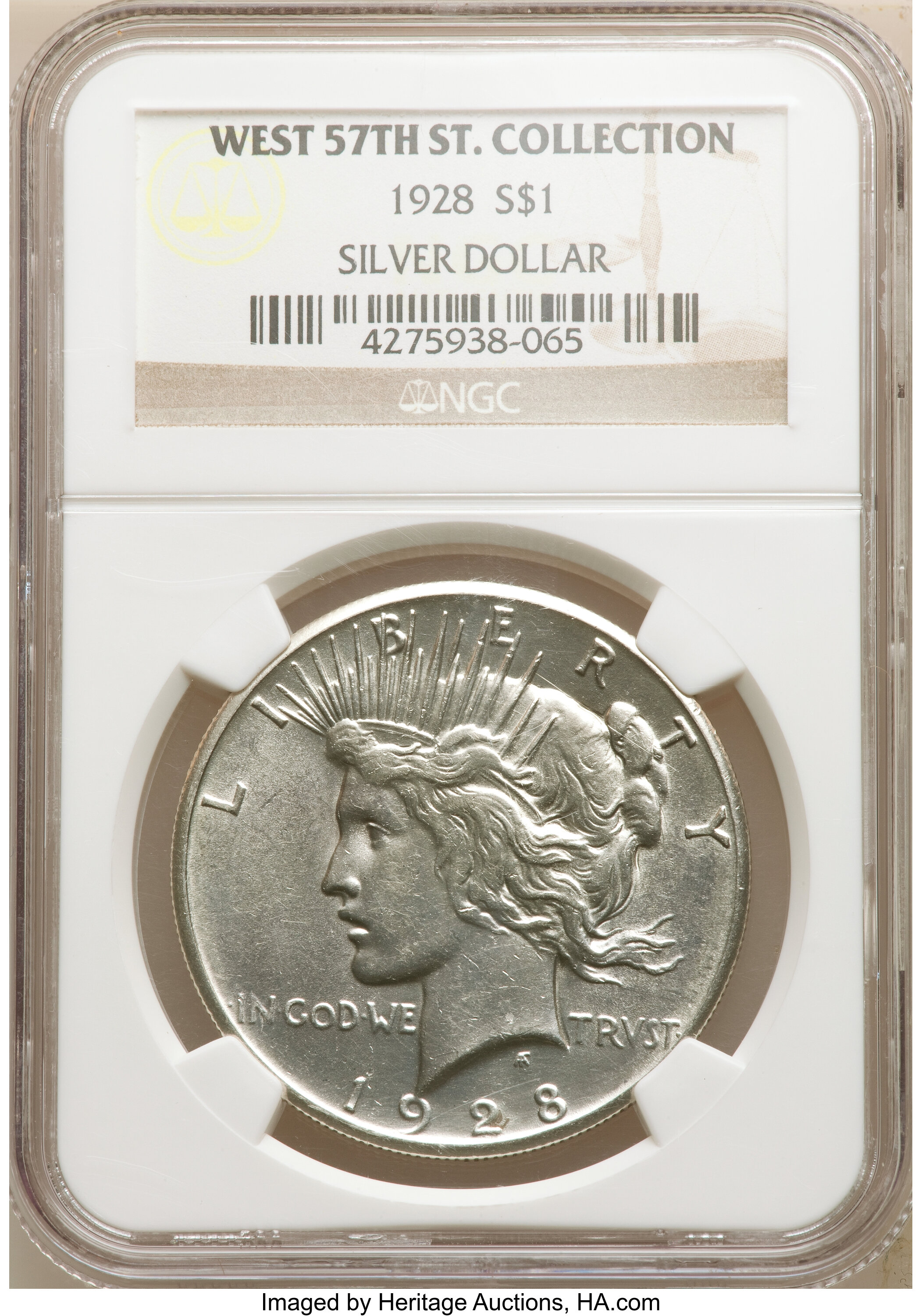 1928 $1 High Relief Peace Dollar NGC. Ex: West 57th St. Collection. Mintage 360,649....
