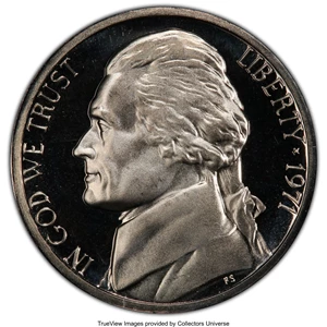image for: 1971 5C No S PR69 Cameo PCGS. FS-501. The coin is accompanied by the other four coins in the 1971 proof set: cent, dime, qu...