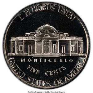 image for: 1971 5C No S PR69 Cameo PCGS. FS-501. The coin is accompanied by the other four coins in the 1971 proof set: cent, dime, qu...