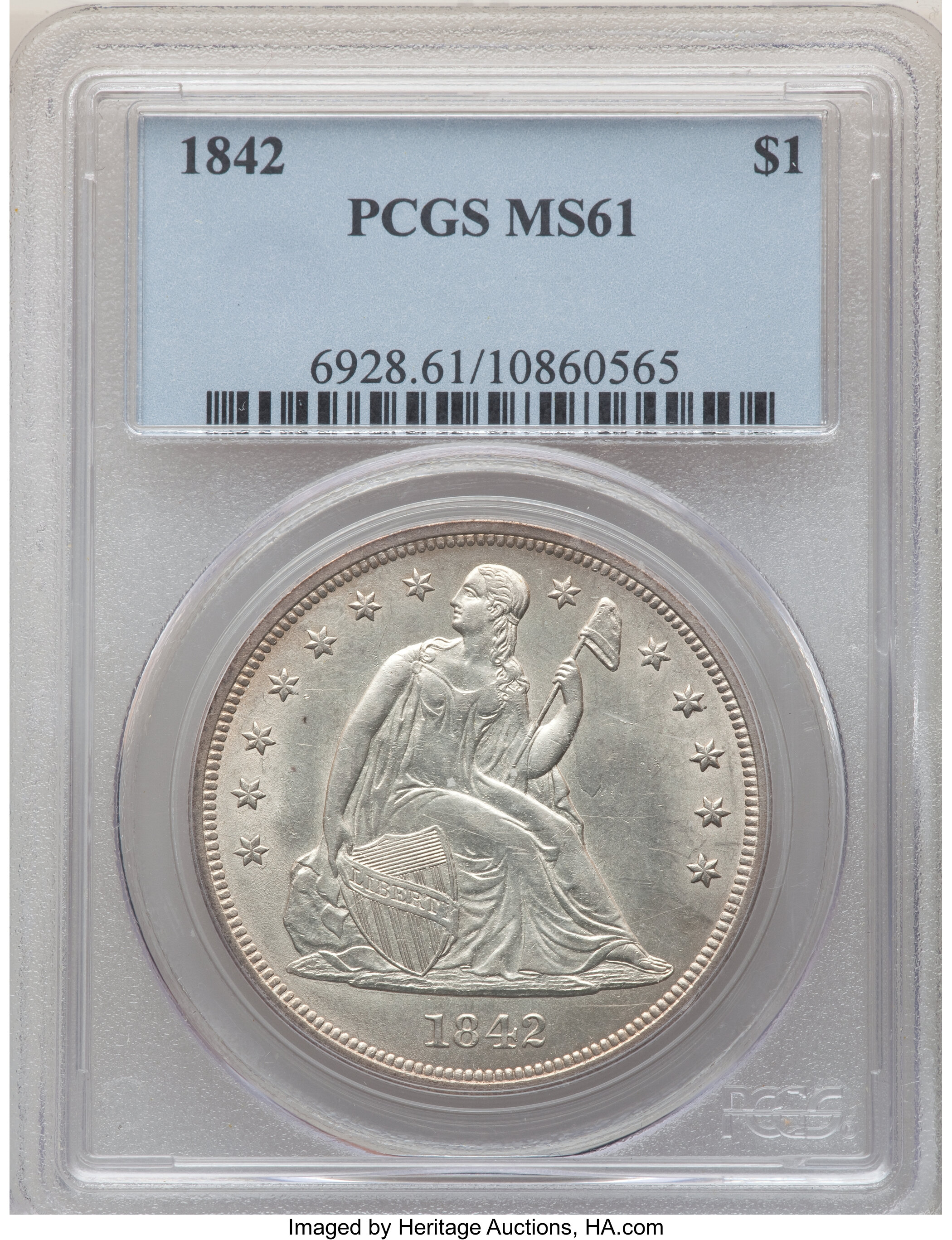 1842 $1 MS61 PCGS. PCGS Population: (24/67). NGC Census: (23/52). CDN: $2,300 Whsle. Bid for NGC/PCGS MS61. Mintage 184,618...