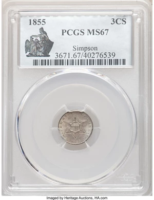 image for: 1855 3CS MS67 PCGS....
