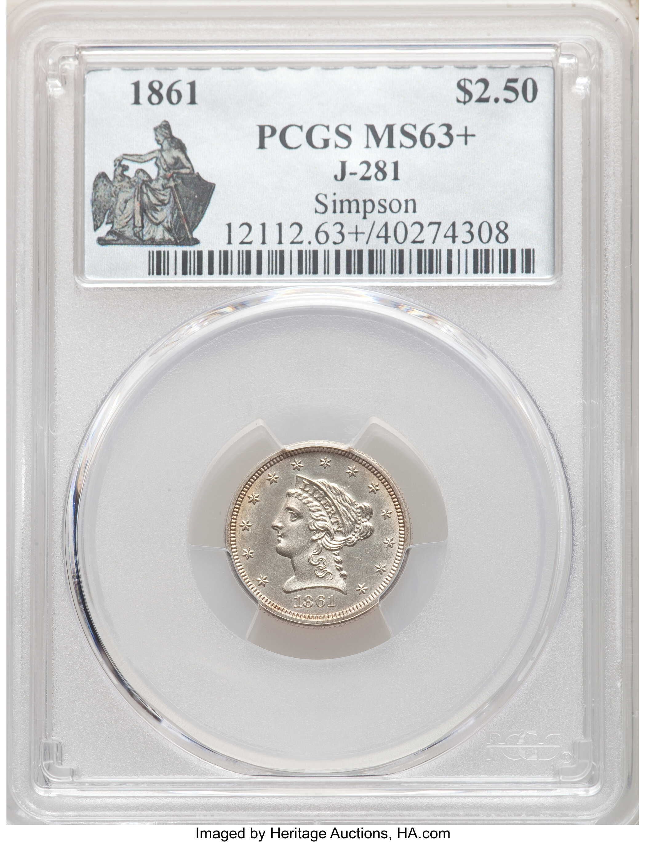 image for: 1861 DT$2 1/2 Quarter Eagle, Judd-281, Pollock-332, High R.7, MS63+ PCGS. ...