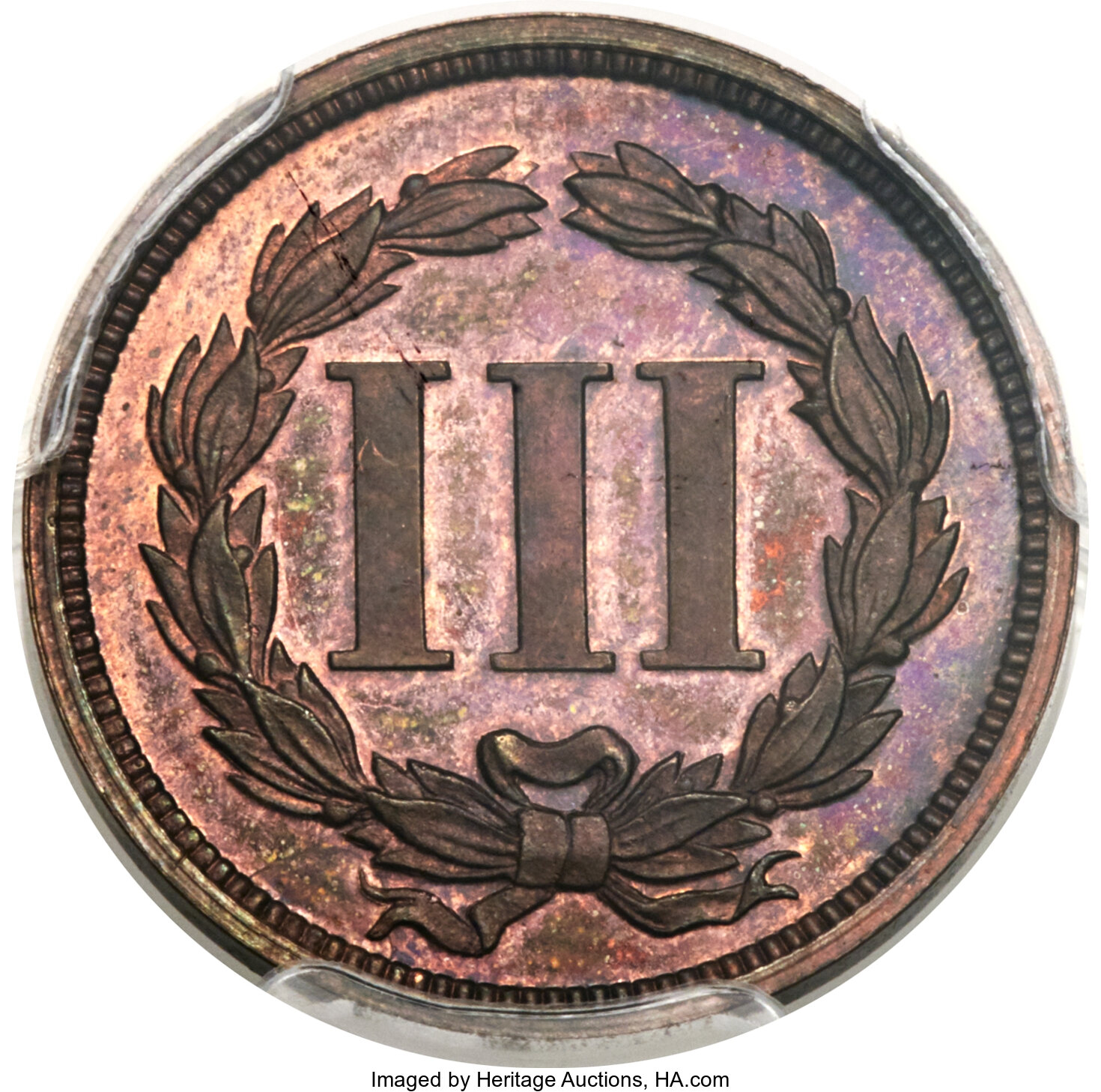 image for: 1868 3C Three Cent Nickel, Judd-619, Pollock-688, Low R.7, PR65 Red and Brown PCGS. ...