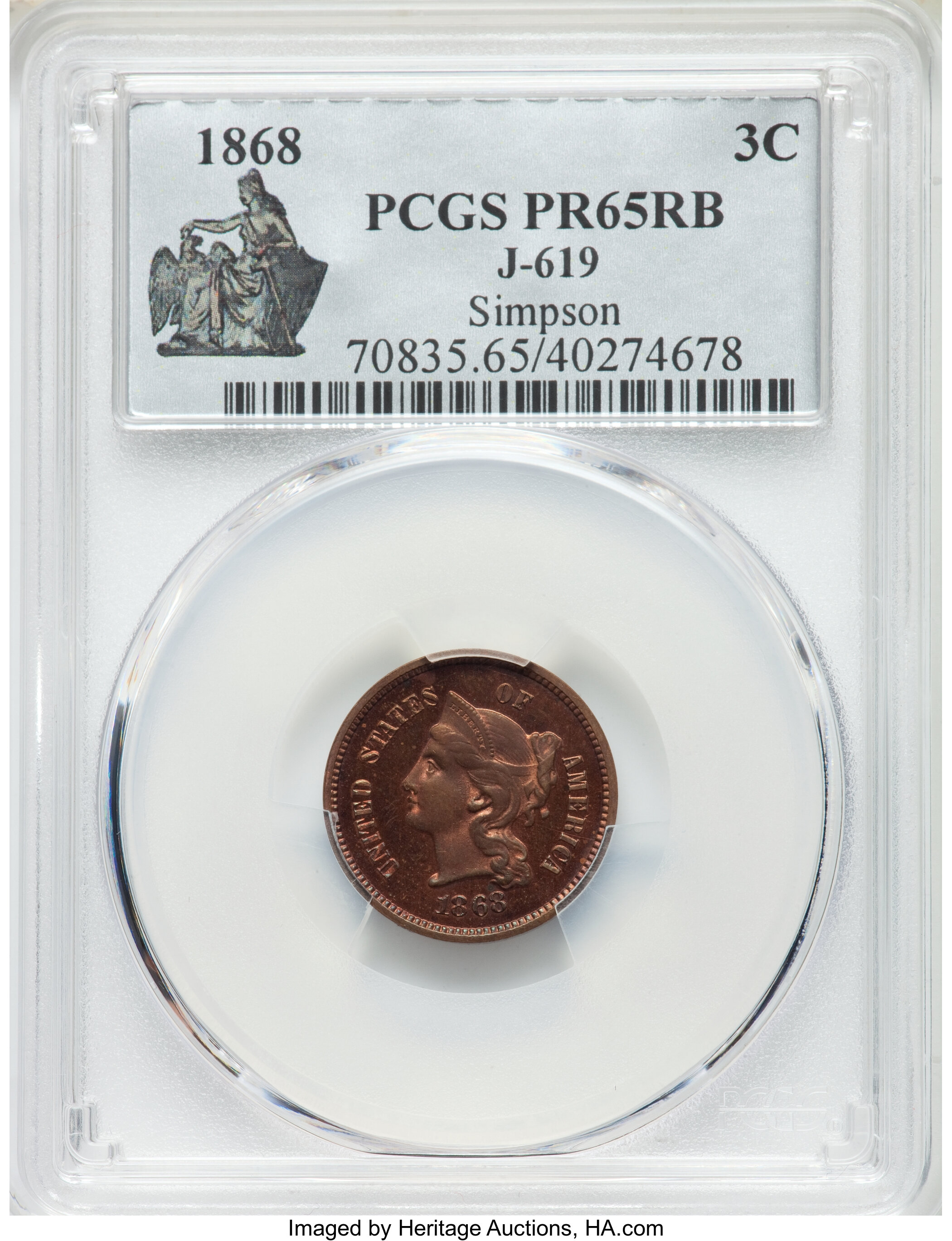 image for: 1868 3C Three Cent Nickel, Judd-619, Pollock-688, Low R.7, PR65 Red and Brown PCGS. ...