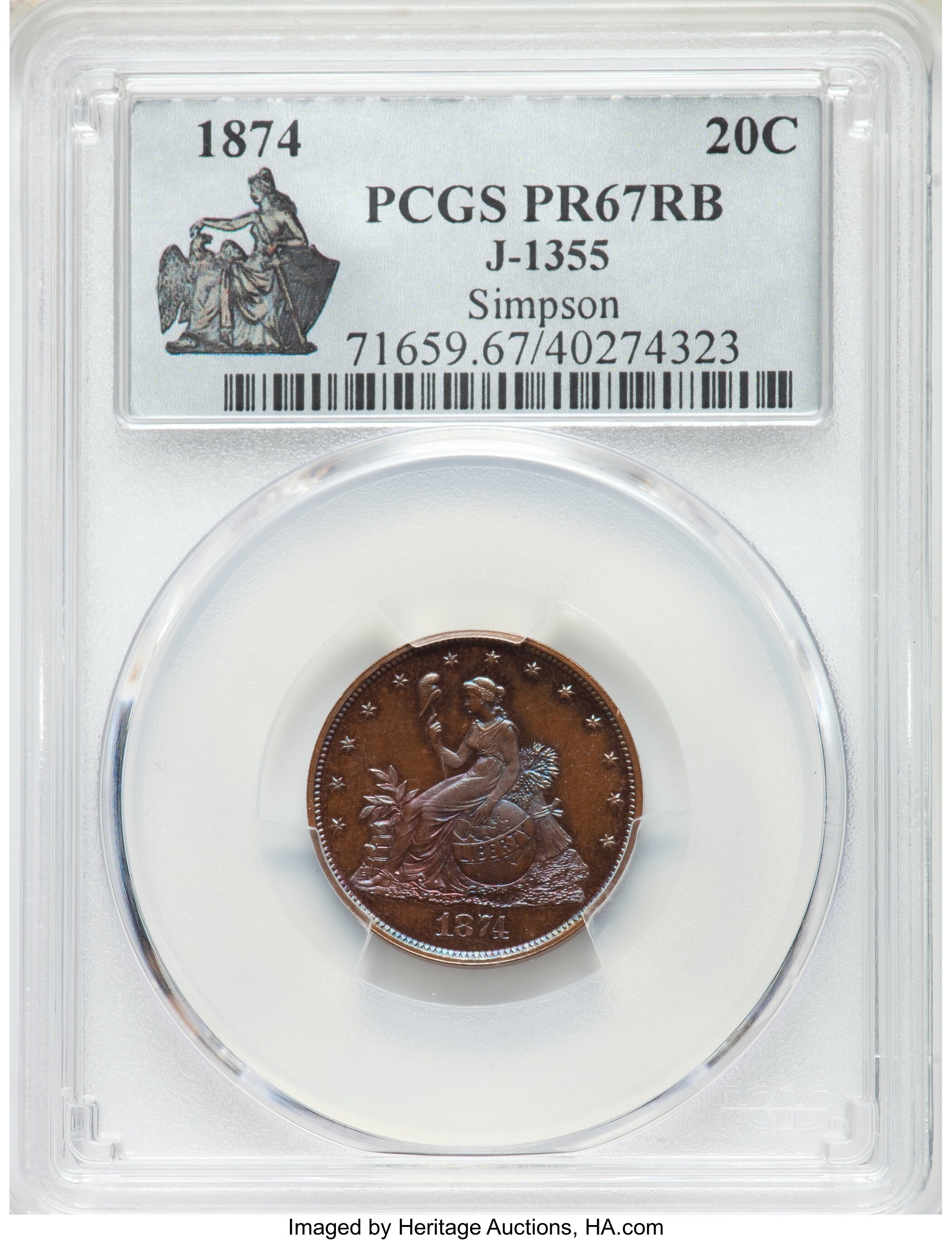 image for: 1874 20C Twenty Cents, Judd-1355, Pollock-1499, Low R.6, PR67 Red and Brown PCGS....