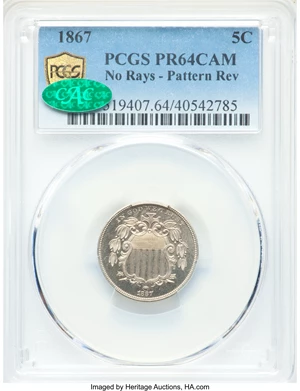 image for: 1867 5C No Rays, Pattern Reverse, FS-1902, PR64 Cameo PCGS. CAC....