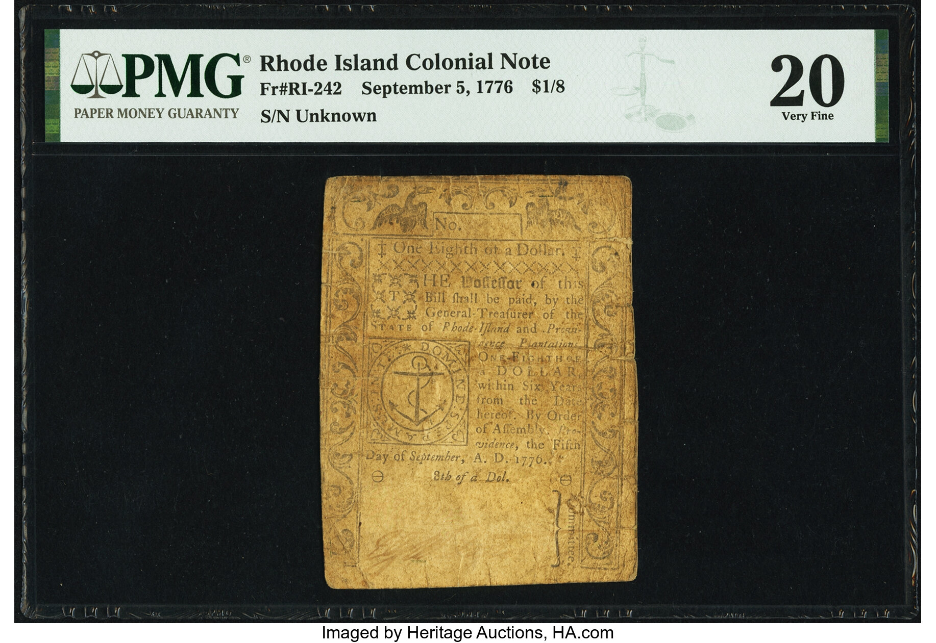 image for: Rhode Island September 5, 1776 $1/8 PMG Very Fine 20....