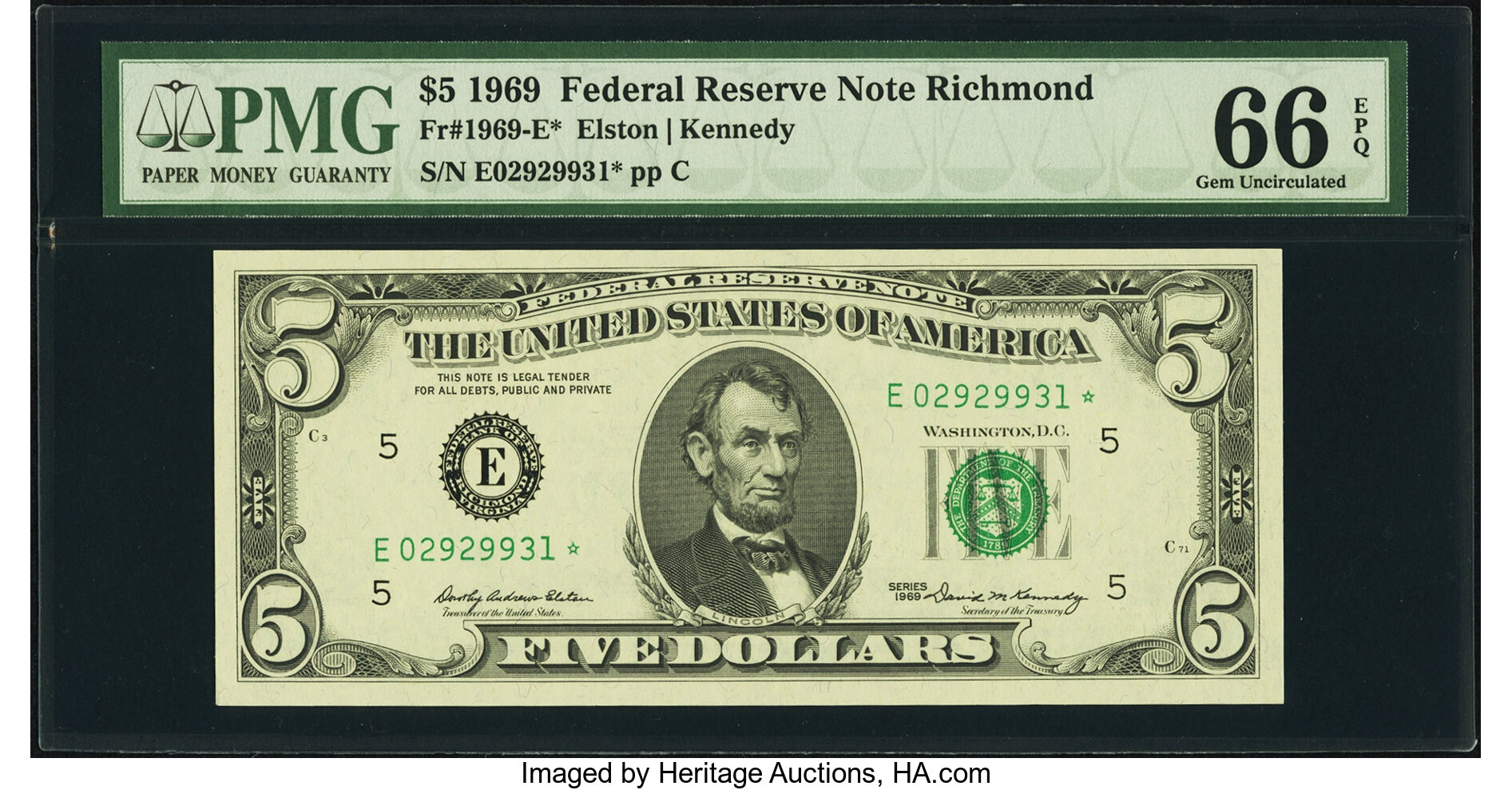 image for: Fr. 1969-E* $5 1969 Federal Reserve Note. PMG Gem Uncirculated 66 EPQ....