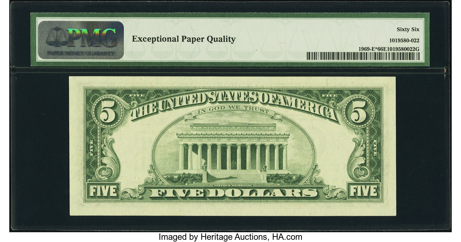 image for: Fr. 1969-E* $5 1969 Federal Reserve Note. PMG Gem Uncirculated 66 EPQ....