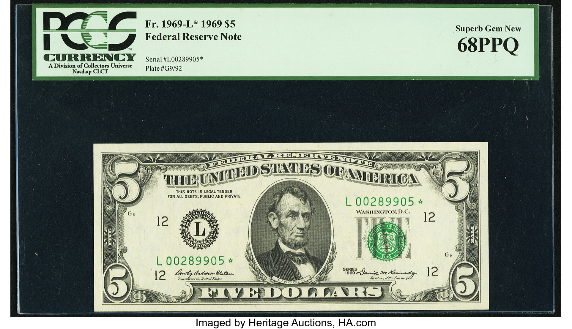 image for: Fr. 1969-L* $5 1969 Federal Reserve Note. PCGS Superb Gem New 68PPQ....