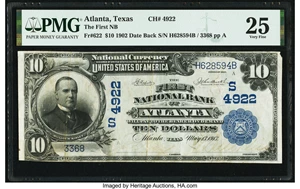 image for: Atlanta, TX - $10 1902 Date Back Fr. 622 The First National Bank Ch. # (S)4922 PMG Very Fine 25....