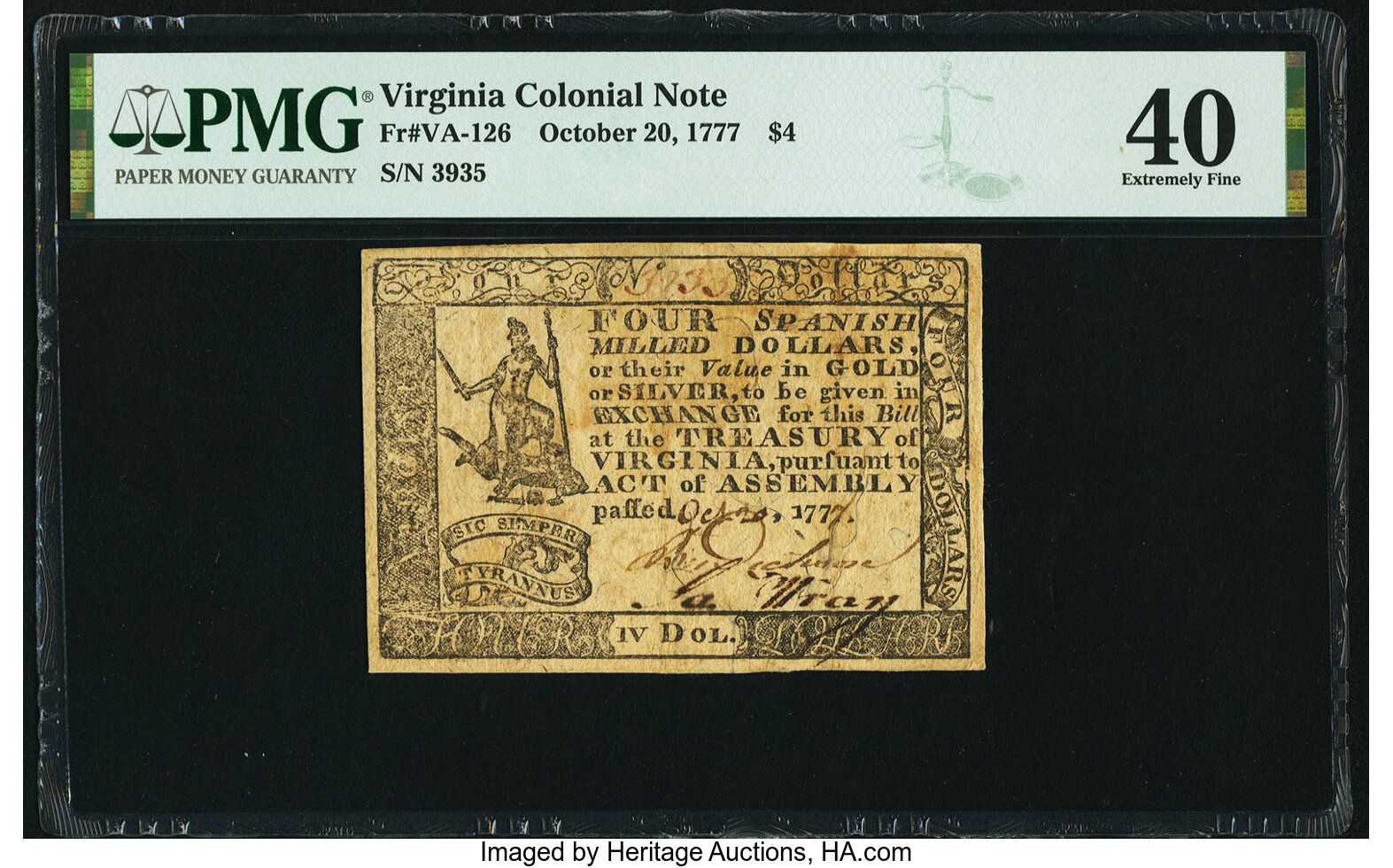 image for: Virginia October 20, 1777 $4 PMG Extremely Fine 40....