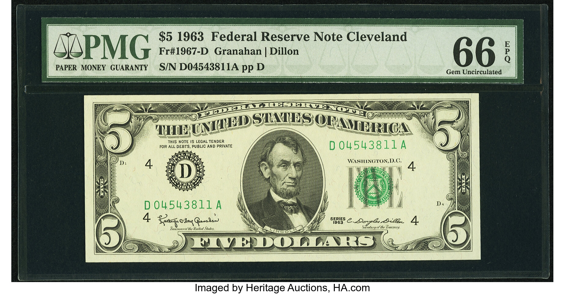 image for: Fr. 1967-D $5 1963 Federal Reserve Note. PMG Gem Uncirculated 66 EPQ....