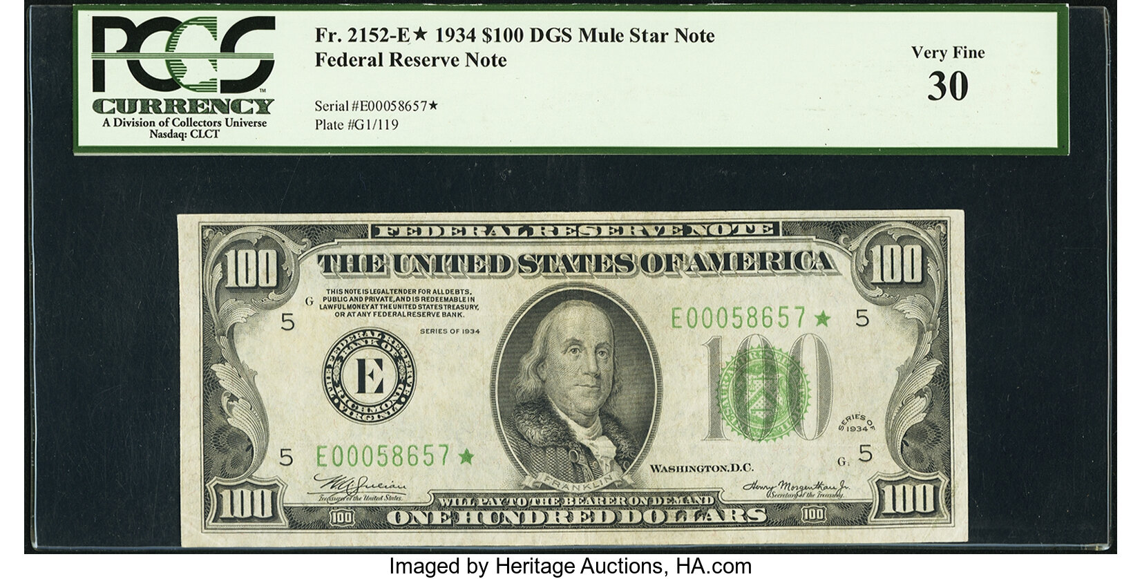 image for: Fr. 2152-E* $100 1934 Dark Green Seal Mule Federal Reserve Note. PCGS Very Fine 30....