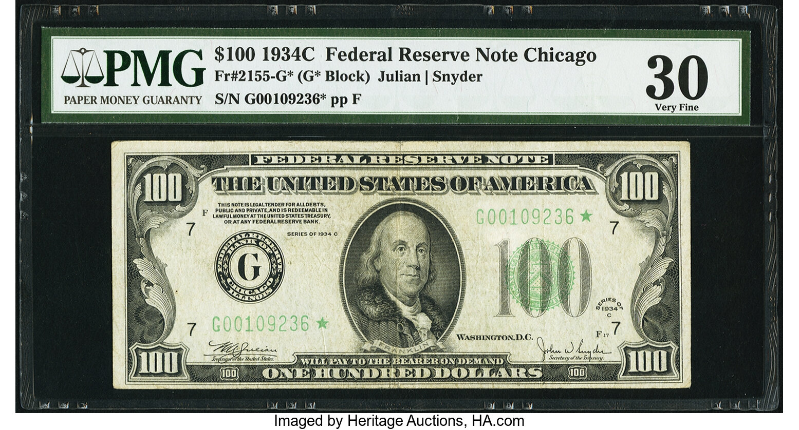 image for: Fr. 2155-G* $100 1934C Federal Reserve Note. PMG Very Fine 30....