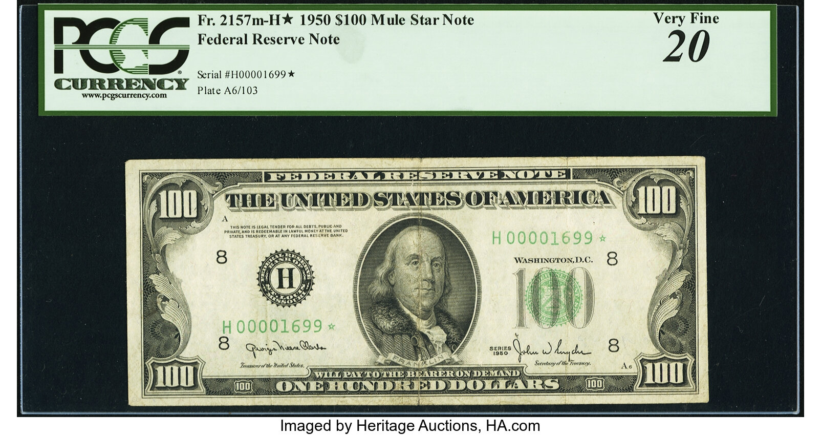 image for: Low Serial Number 1699* Fr. 2157-H* $100 1950 Mule Federal Reserve Star Note. PCGS Very Fine 20....