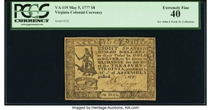 image for: Virginia May 5, 1777 $8 PCGS Extremely Fine 40....