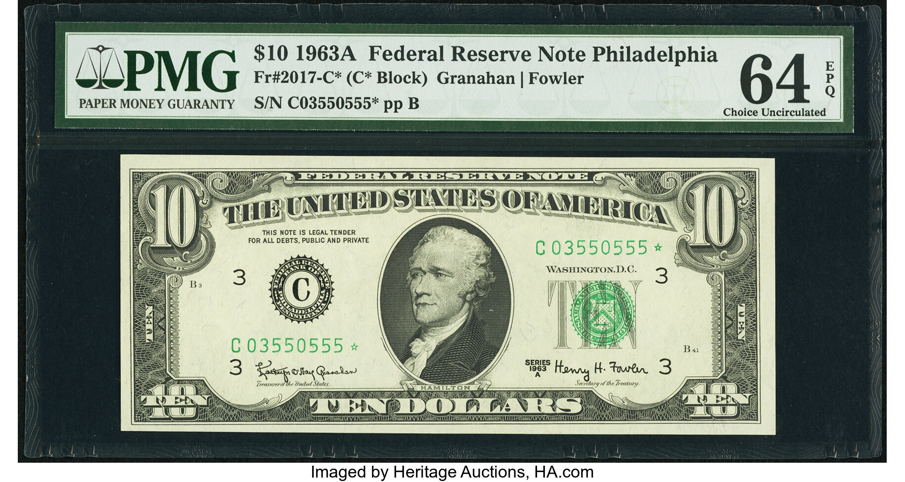 image for: Fr. 2017-C* $10 1963A Federal Reserve Note. PMG Choice Uncirculated 64 EPQ....